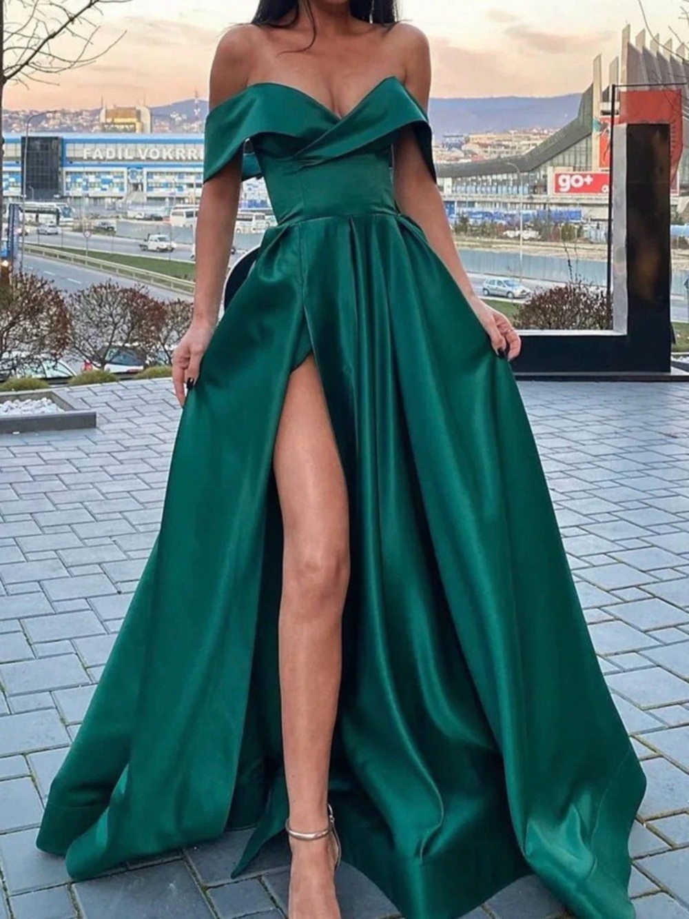 KissProm Marina A-Line Off-Shoulder Emerald Gown